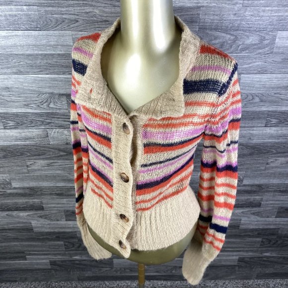 URBAN OUTFITTERS Button Down Round Neck Tan Striped Cardigan Sweater Women's L - Picture 1 of 12